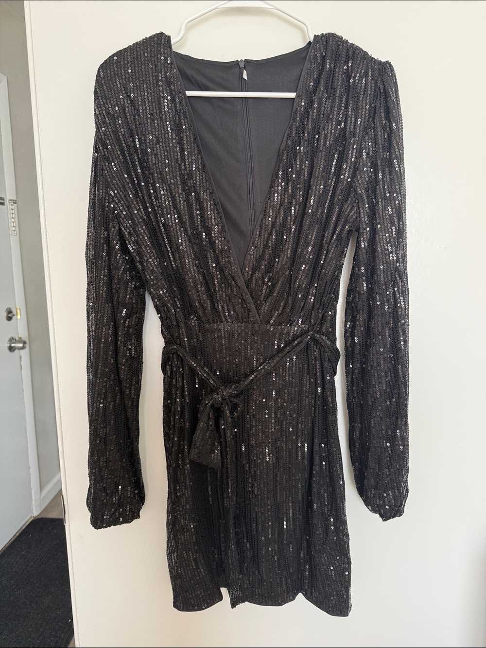 Black Sequin V-Neck Long Sleeve Wrap Dress